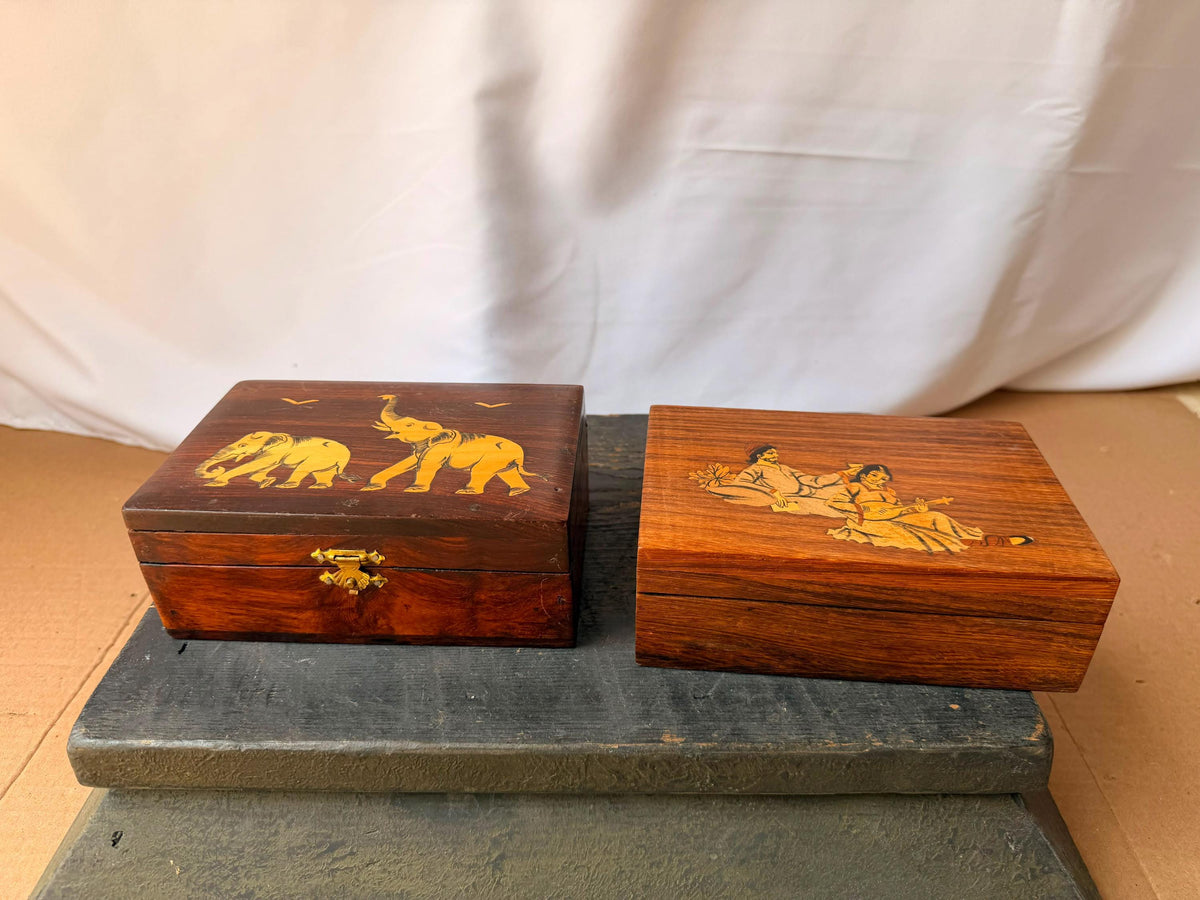 Vintage Indian Wood Marquetry Box Set Elephant & Court Musician Keepsake 6"