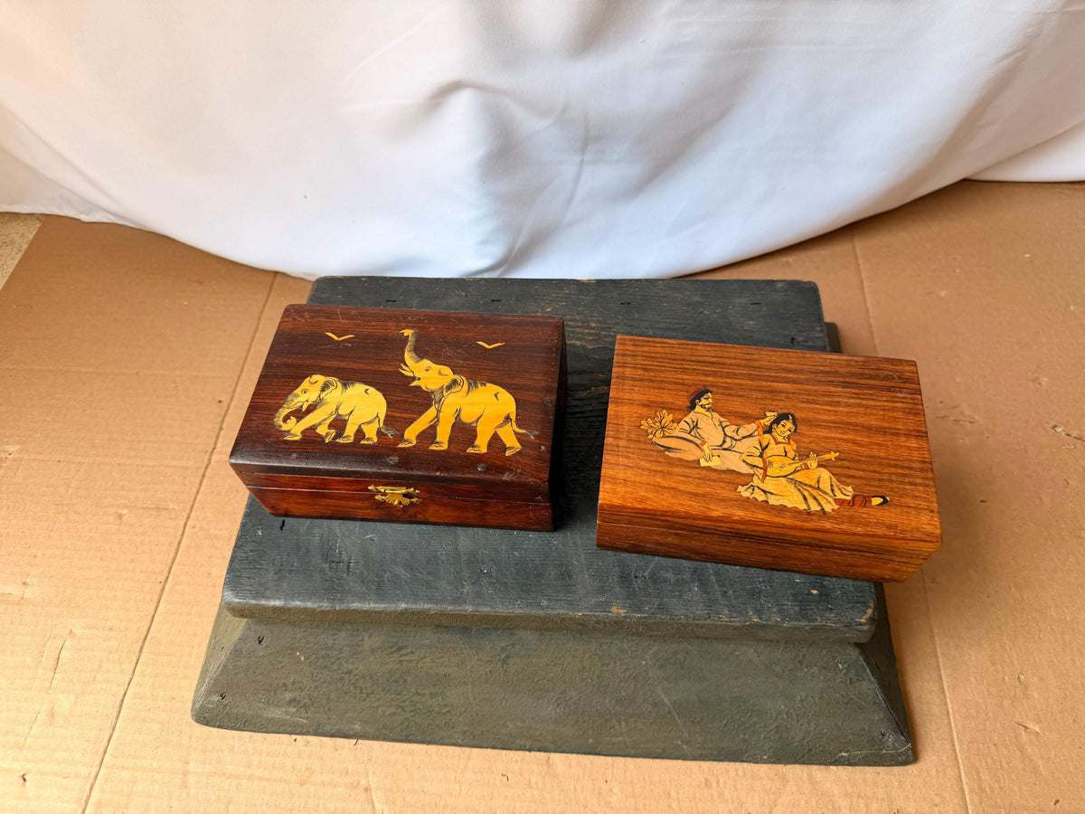 Vintage Indian Wood Marquetry Box Set Elephant & Court Musician Keepsake 6"
