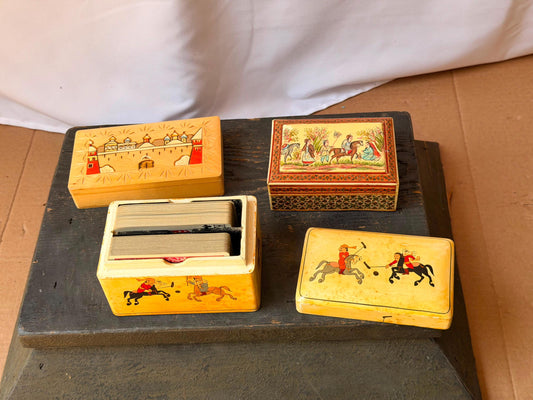 Vintage Hand Painted Lacquer Wood Box Set Polo Eastern Europe Marquetry 3pc
