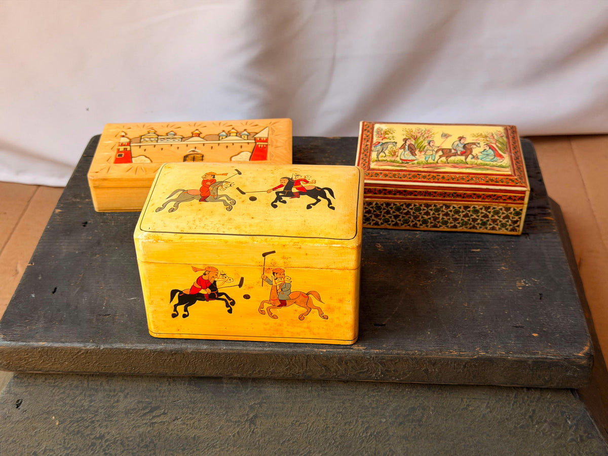Vintage Hand Painted Lacquer Wood Box Set Polo Eastern Europe Marquetry 3pc