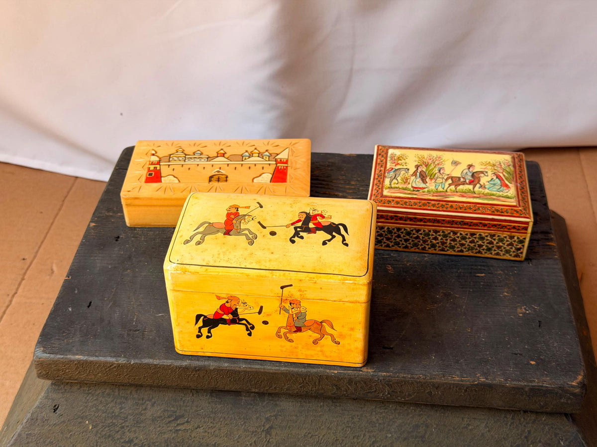 Vintage Hand Painted Lacquer Wood Box Set Polo Eastern Europe Marquetry 3pc