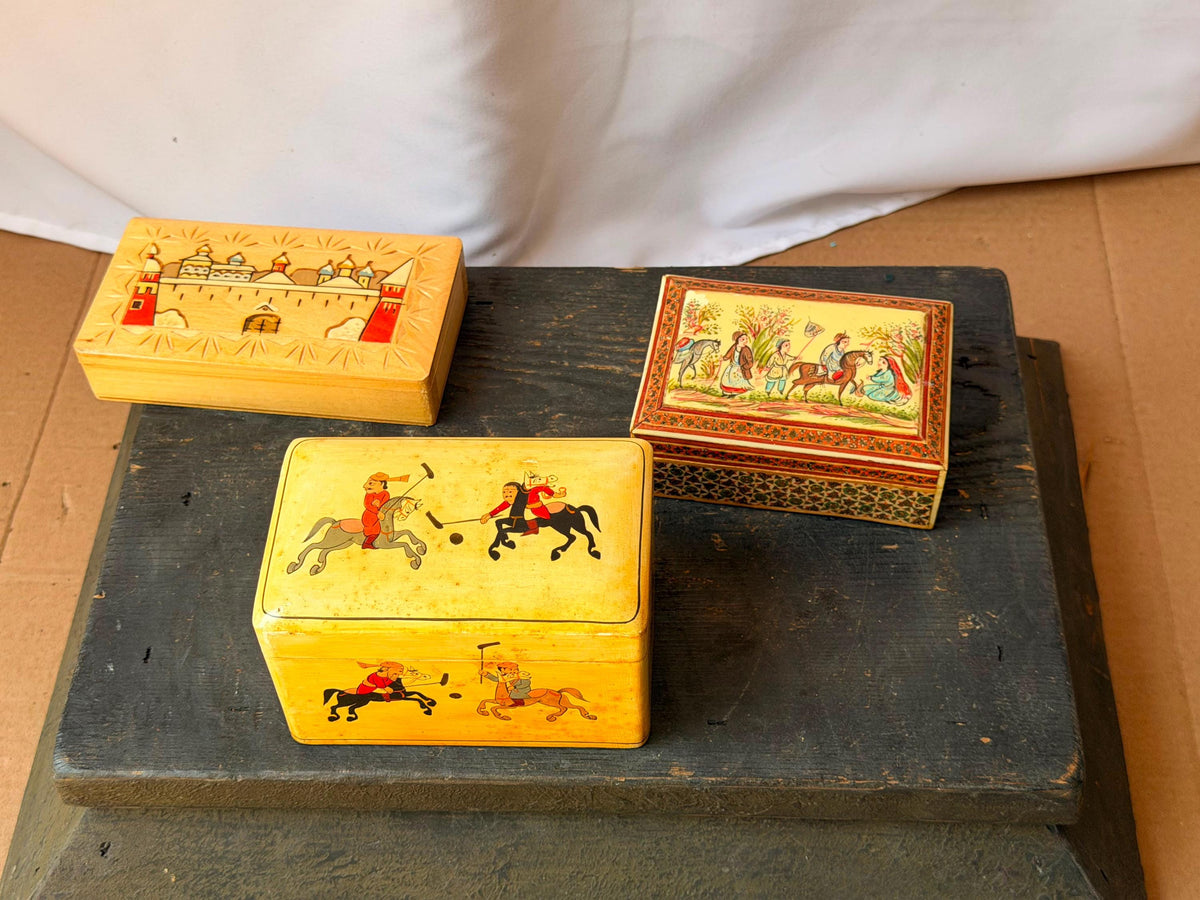 Vintage Hand Painted Lacquer Wood Box Set Polo Eastern Europe Marquetry 3pc