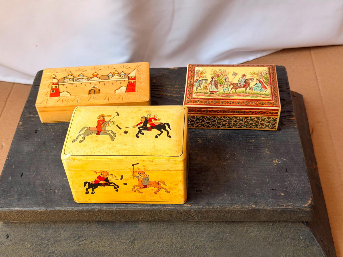 Vintage Hand Painted Lacquer Wood Box Set Polo Eastern Europe Marquetry 3pc