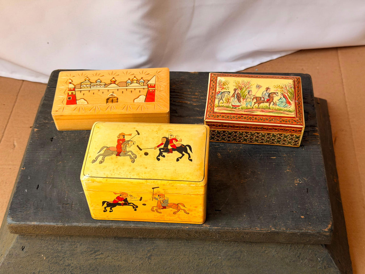 Vintage Hand Painted Lacquer Wood Box Set Polo Eastern Europe Marquetry 3pc