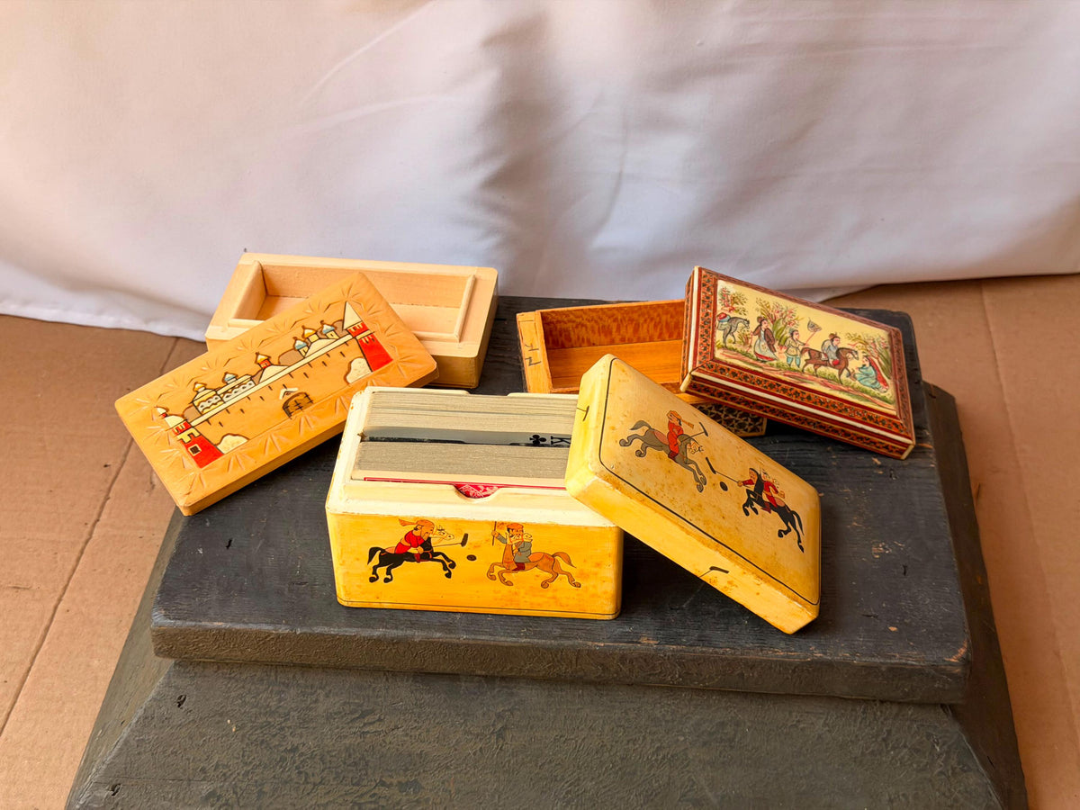 Vintage Hand Painted Lacquer Wood Box Set Polo Eastern Europe Marquetry 3pc