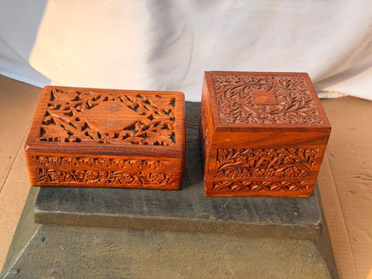 Indian Sheesham Wood Carved Box Set Vintage Darjeeling Tea Caddy Jewelry Valet