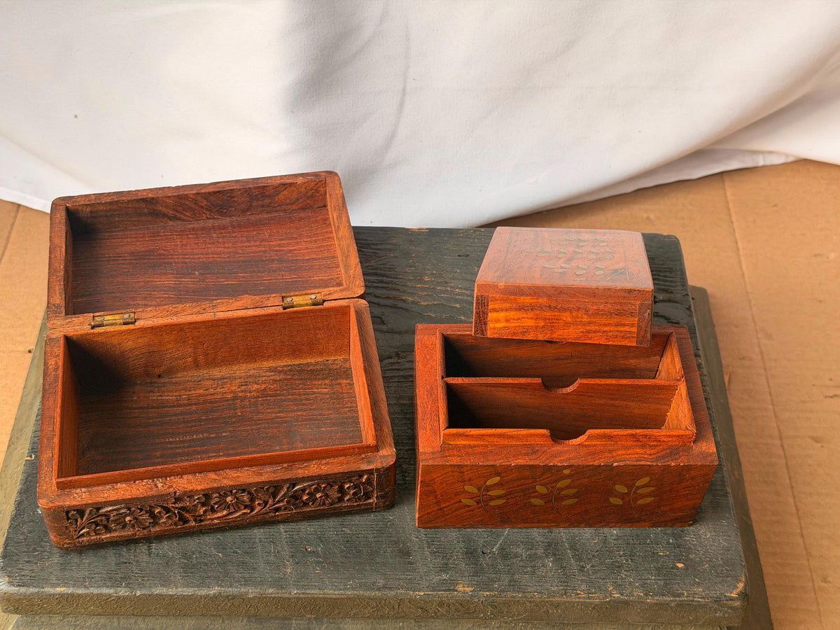 Vintage Indian Carved Wood Box Set Brass Inlay Taj Mahal Jewelry Desk Organizer