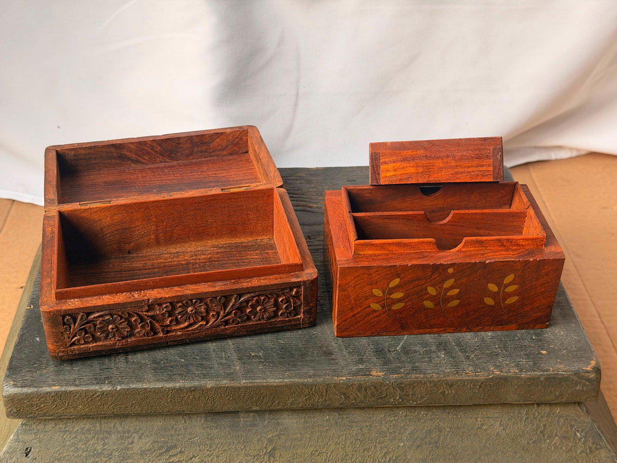 Vintage Indian Carved Wood Box Set Brass Inlay Taj Mahal Jewelry Desk Organizer