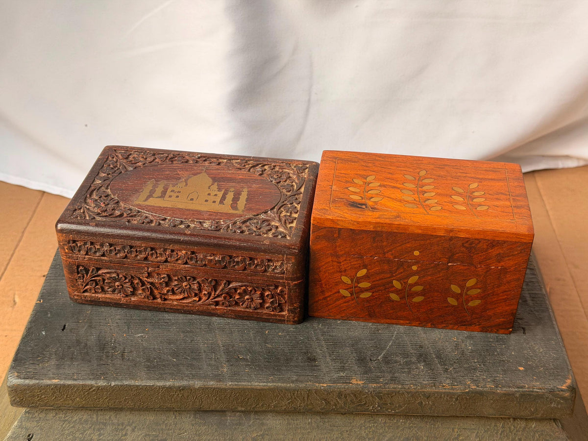 Vintage Indian Carved Wood Box Set Brass Inlay Taj Mahal Jewelry Desk Organizer
