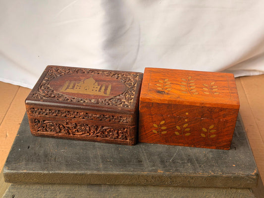 Vintage Indian Carved Wood Box Set Brass Inlay Taj Mahal Jewelry Desk Organizer