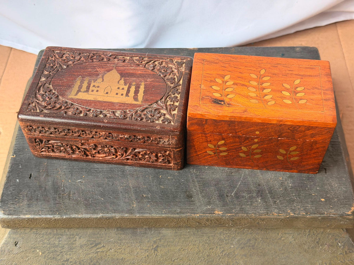 Vintage Indian Carved Wood Box Set Brass Inlay Taj Mahal Jewelry Desk Organizer