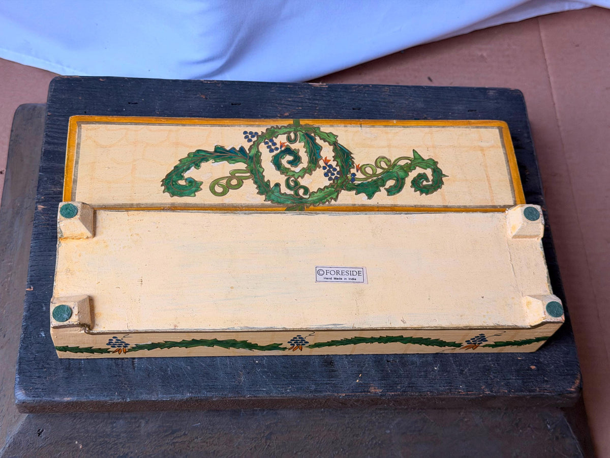 Vintage Foreside Hand Painted Wood Box - Indian Botanical Keepsake Chest Valet