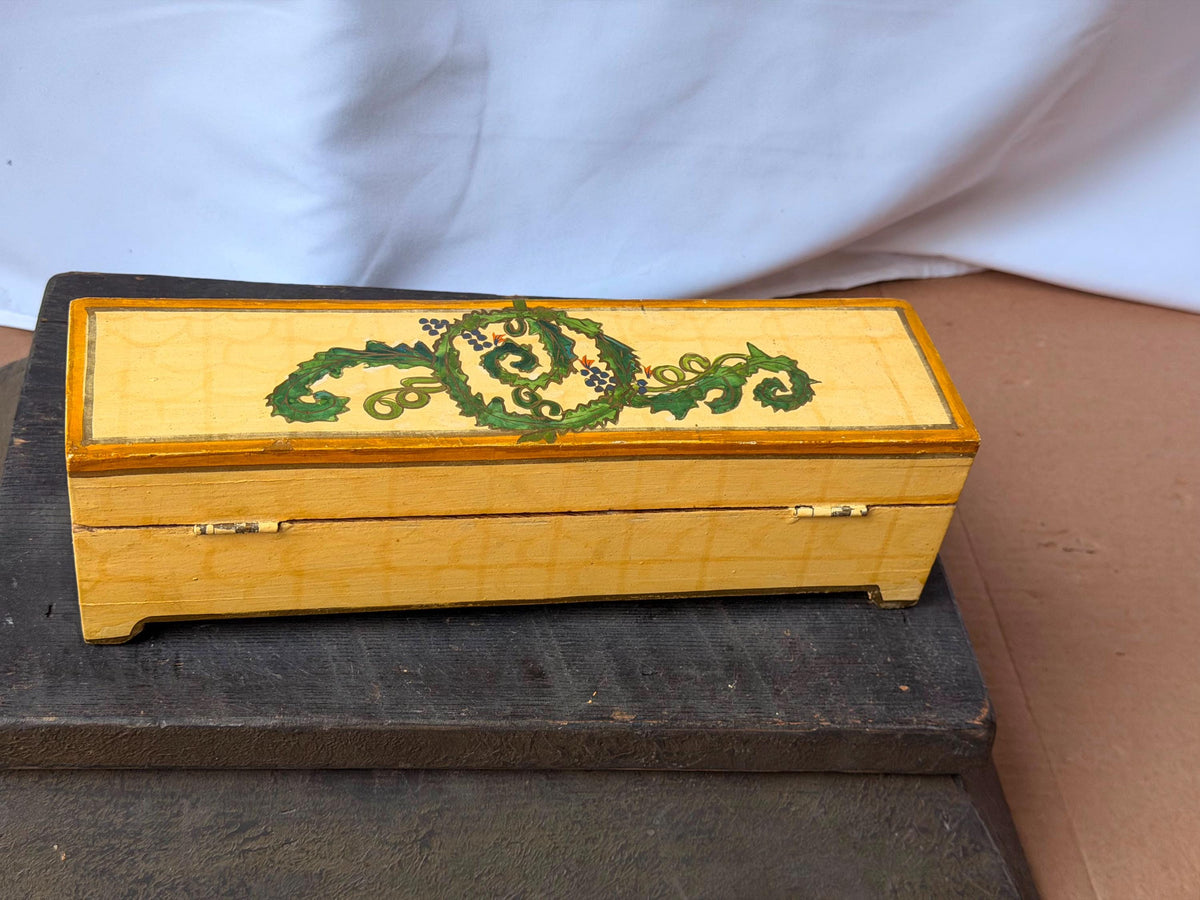 Vintage Foreside Hand Painted Wood Box - Indian Botanical Keepsake Chest Valet