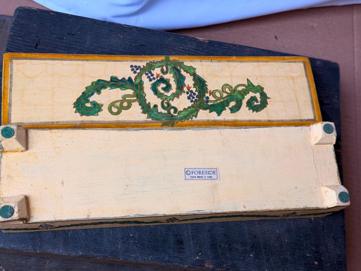 Vintage Foreside Hand Painted Wood Box - Indian Botanical Keepsake Chest Valet