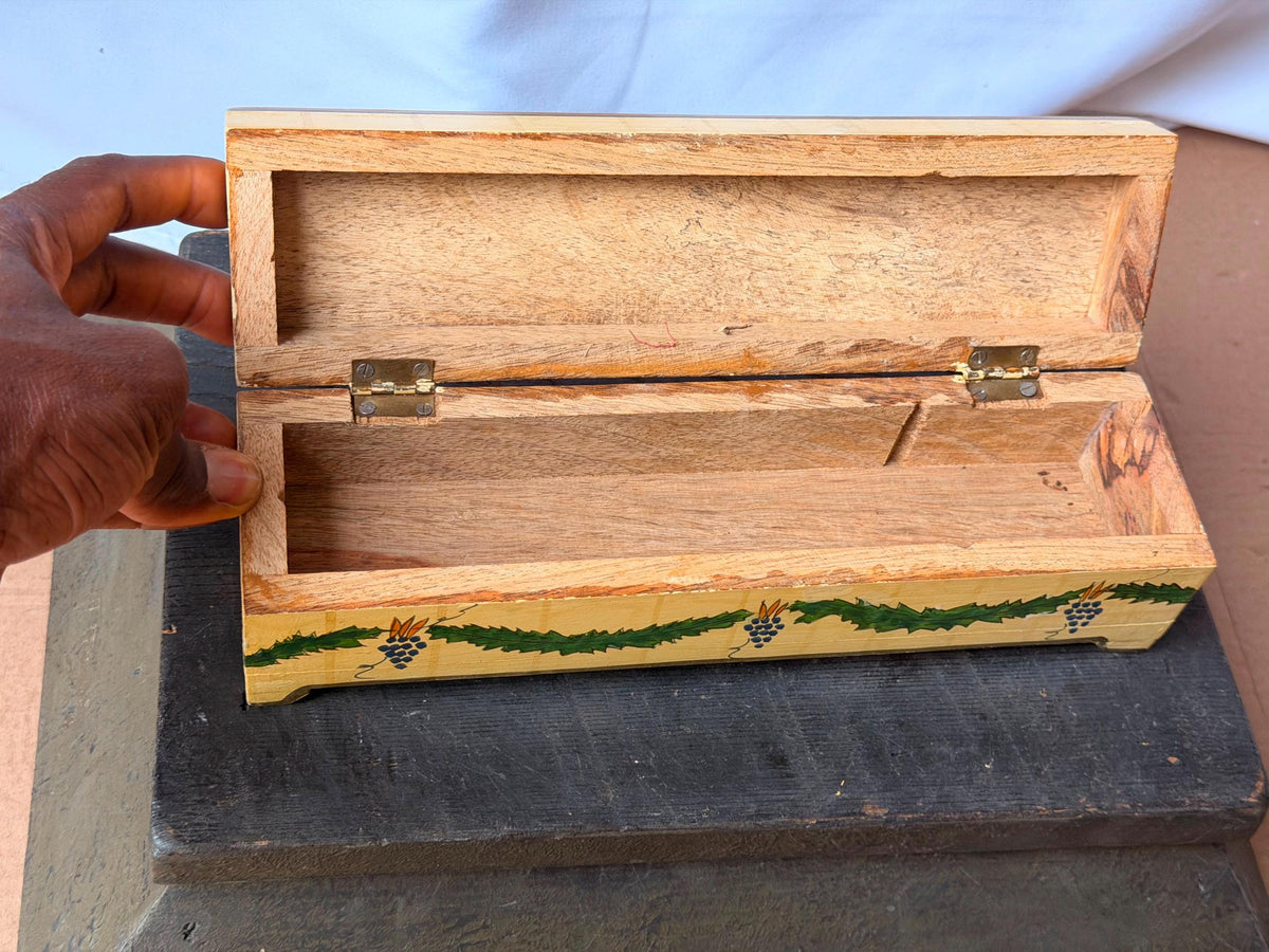 Vintage Foreside Hand Painted Wood Box - Indian Botanical Keepsake Chest Valet