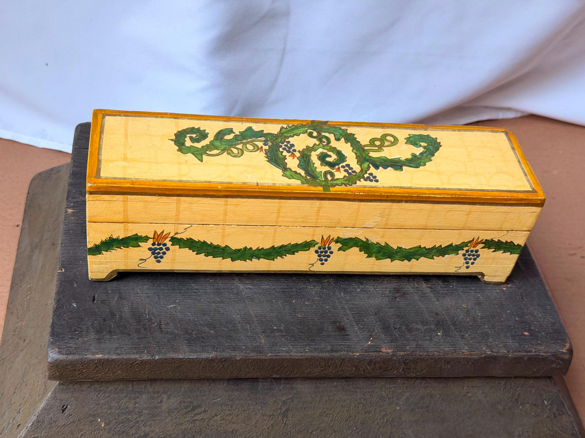 Vintage Foreside Hand Painted Wood Box - Indian Botanical Keepsake Chest Valet