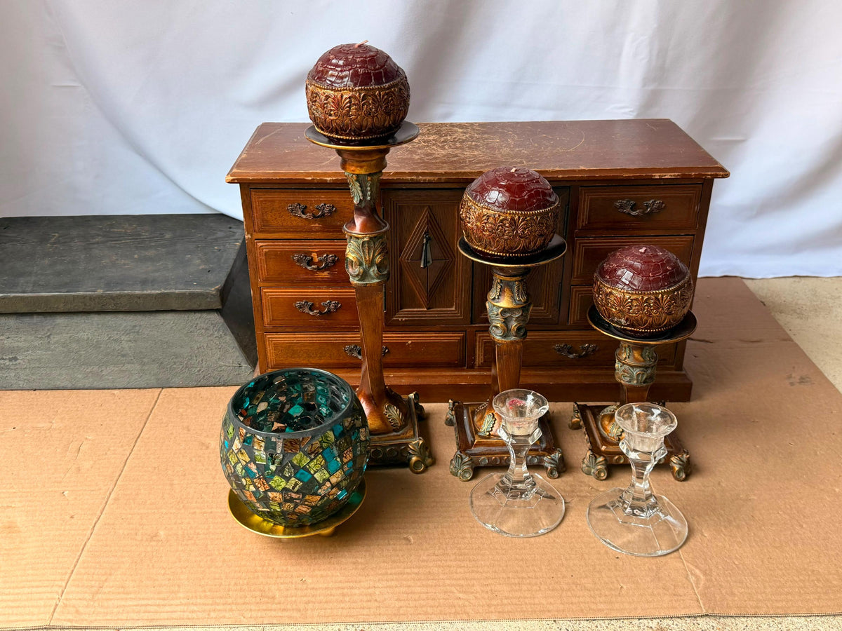Ornate Tuscan Style Candle Stand Ensemble - Mosaic Glass Votive Holder Set