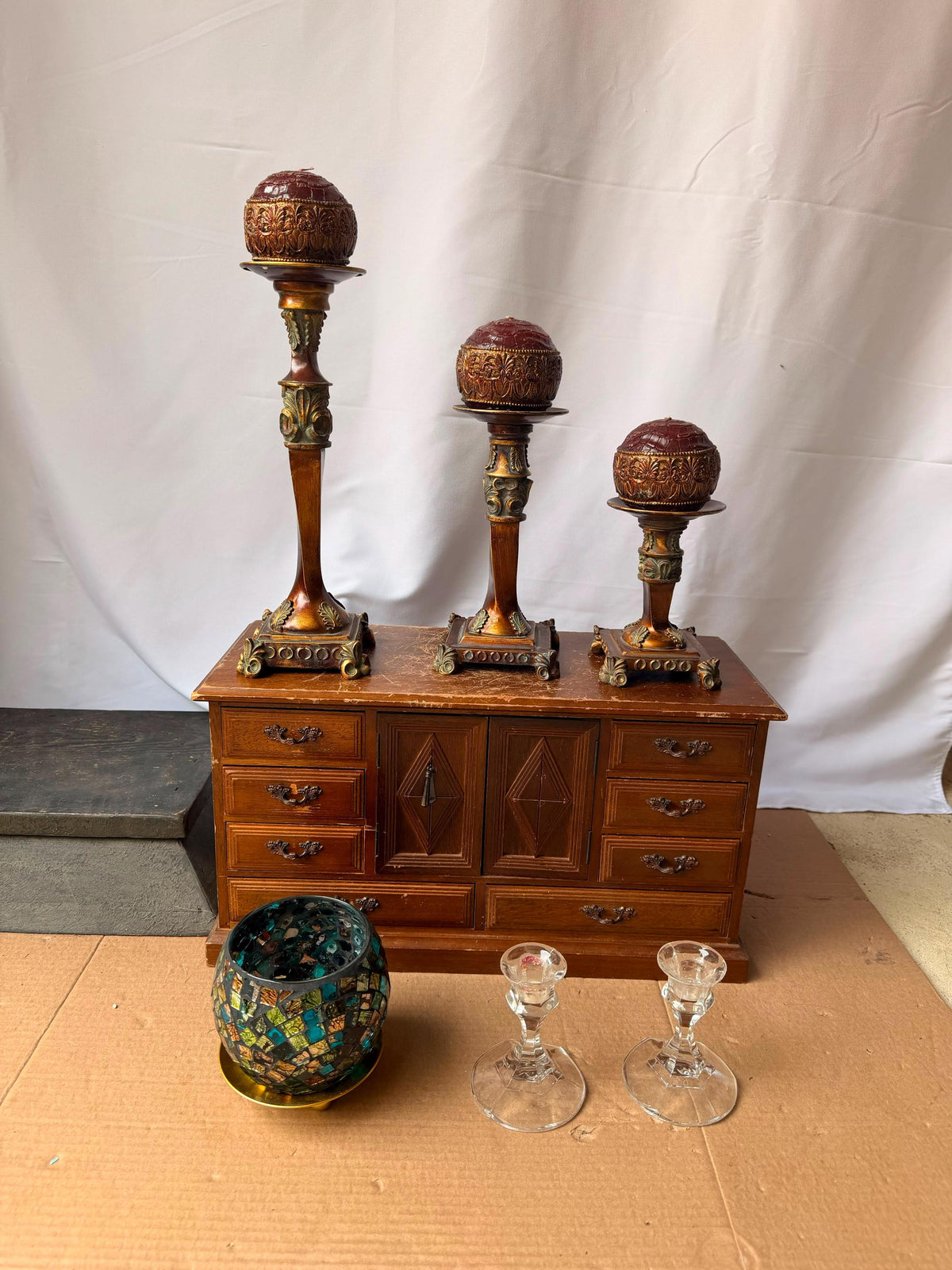 Ornate Tuscan Style Candle Stand Ensemble - Mosaic Glass Votive Holder Set