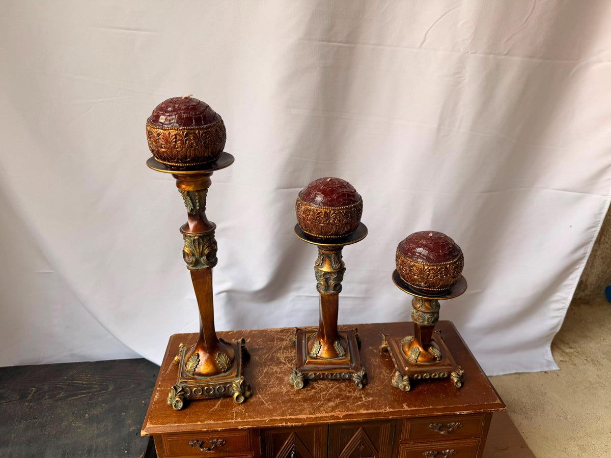 Ornate Tuscan Style Candle Stand Ensemble - Mosaic Glass Votive Holder Set