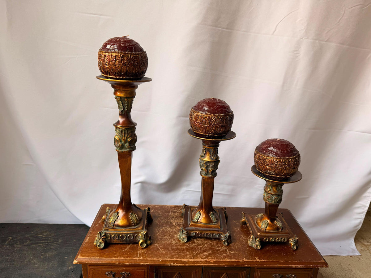Ornate Tuscan Style Candle Stand Ensemble - Mosaic Glass Votive Holder Set