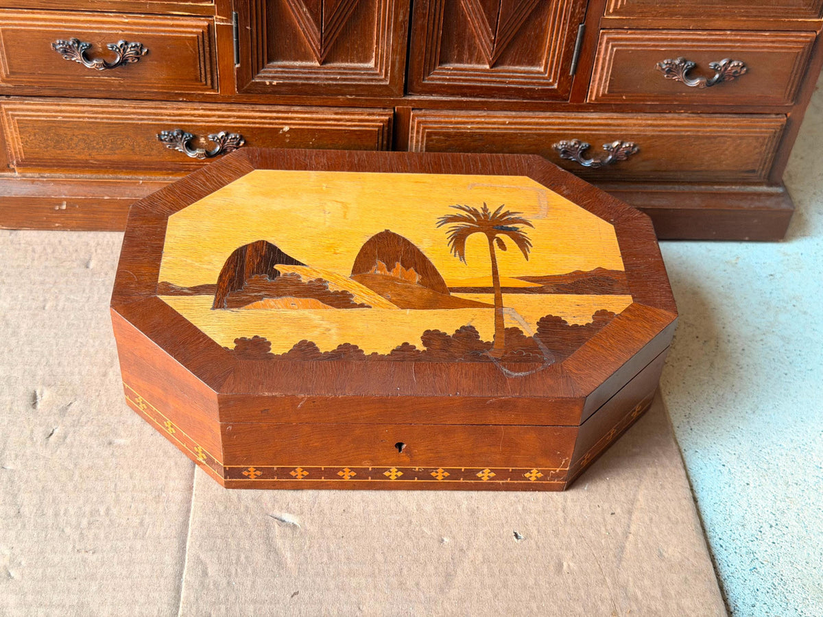 Vintage Brazilian Marquetry Wood Box - Sugarloaf Mountain Rio 10"