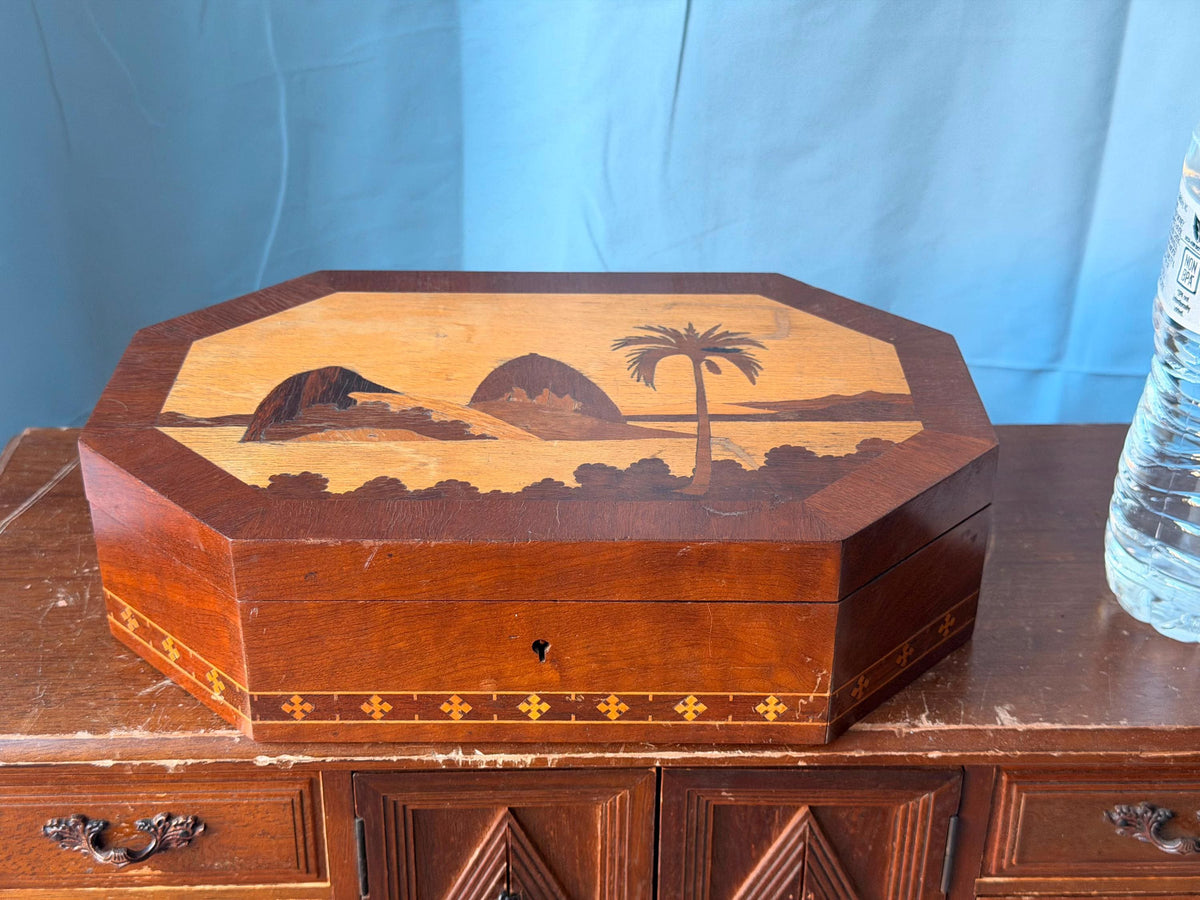 Vintage Brazilian Marquetry Wood Box - Sugarloaf Mountain Rio 10"