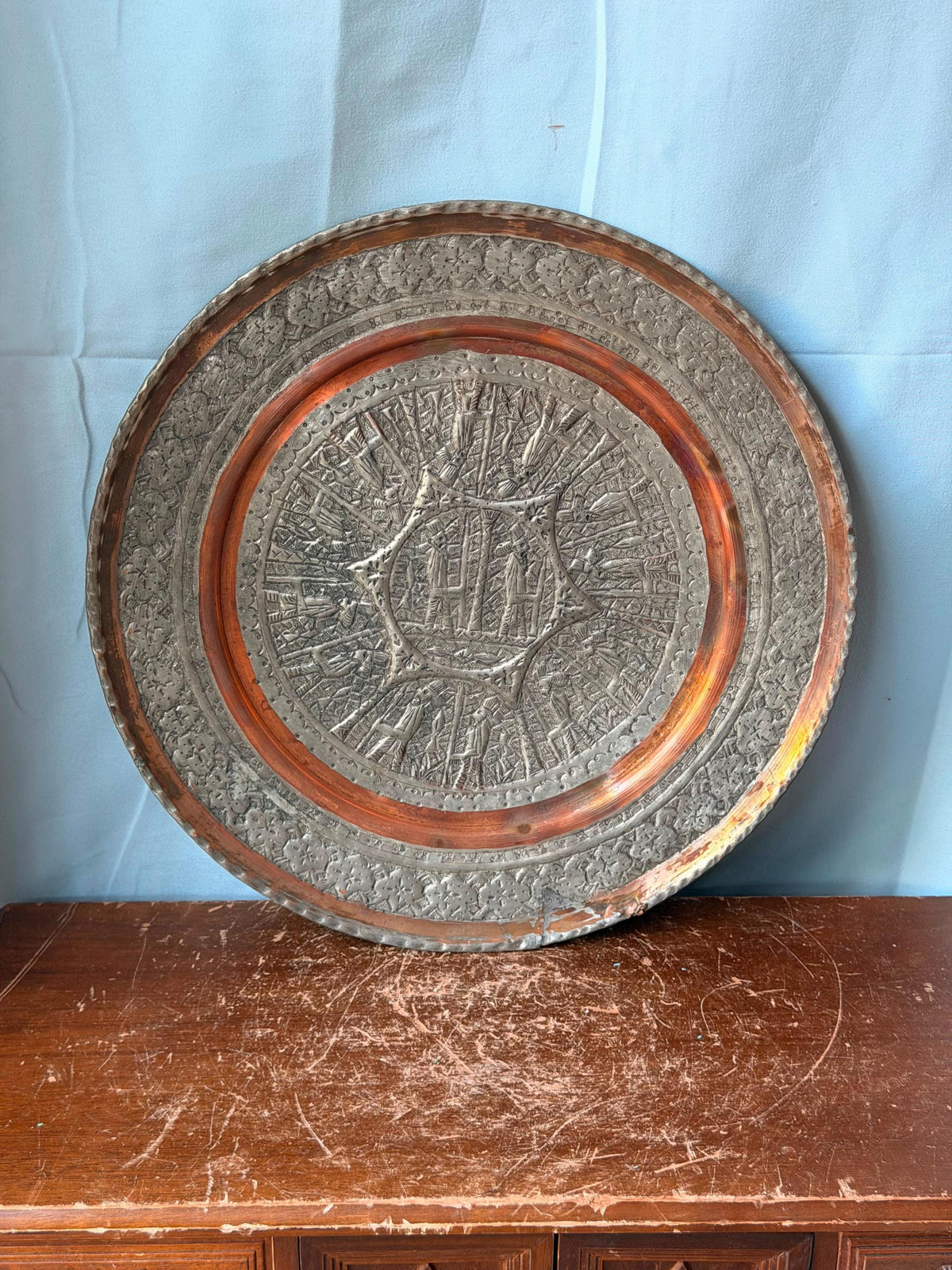 Vintage Middle Eastern Engraved Copper Plate Ancient Guards Star Relief 11.2"