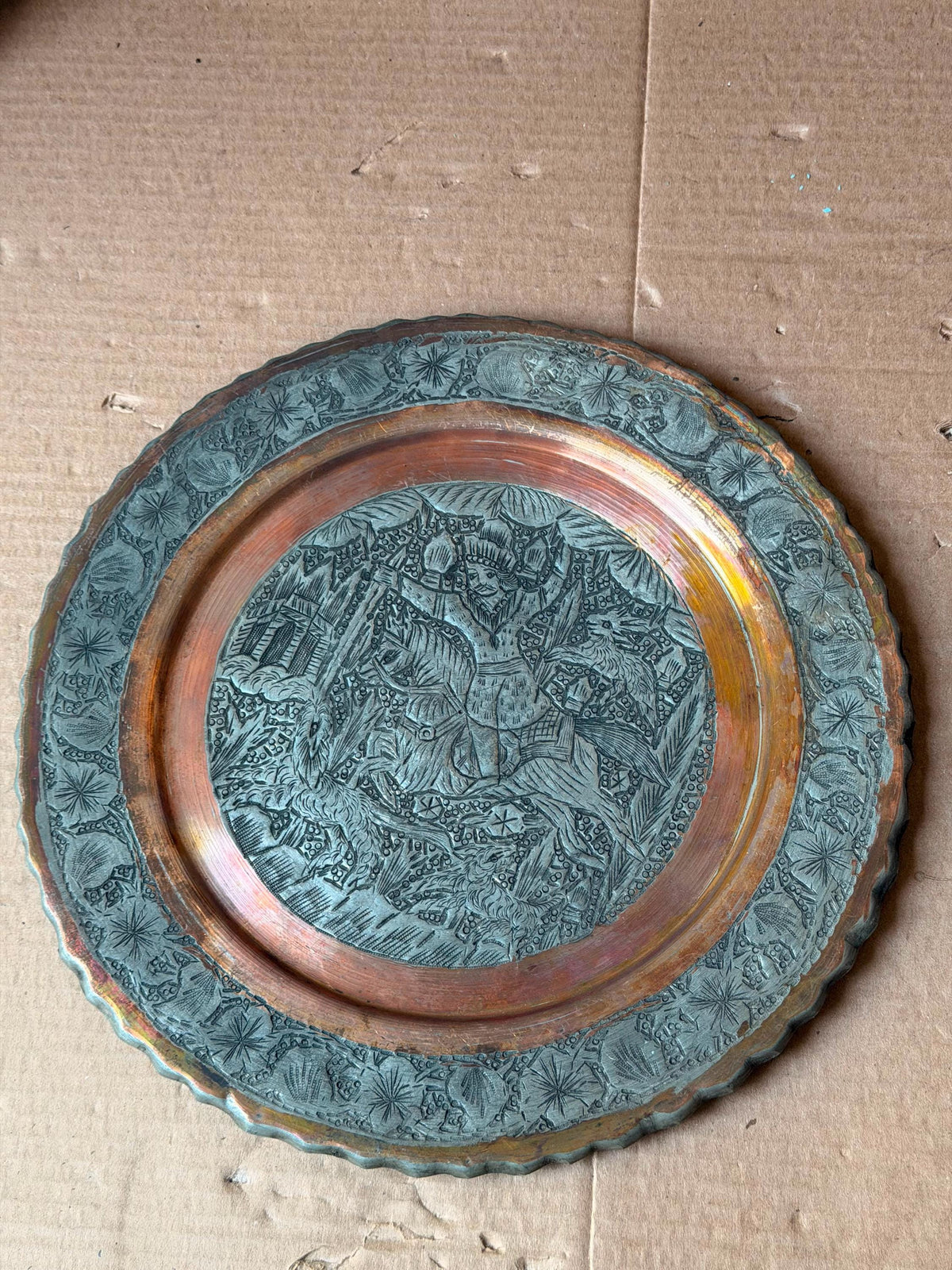 Vintage Middle Eastern Engraved Copper Plate - Horseman Hunter 11.7"