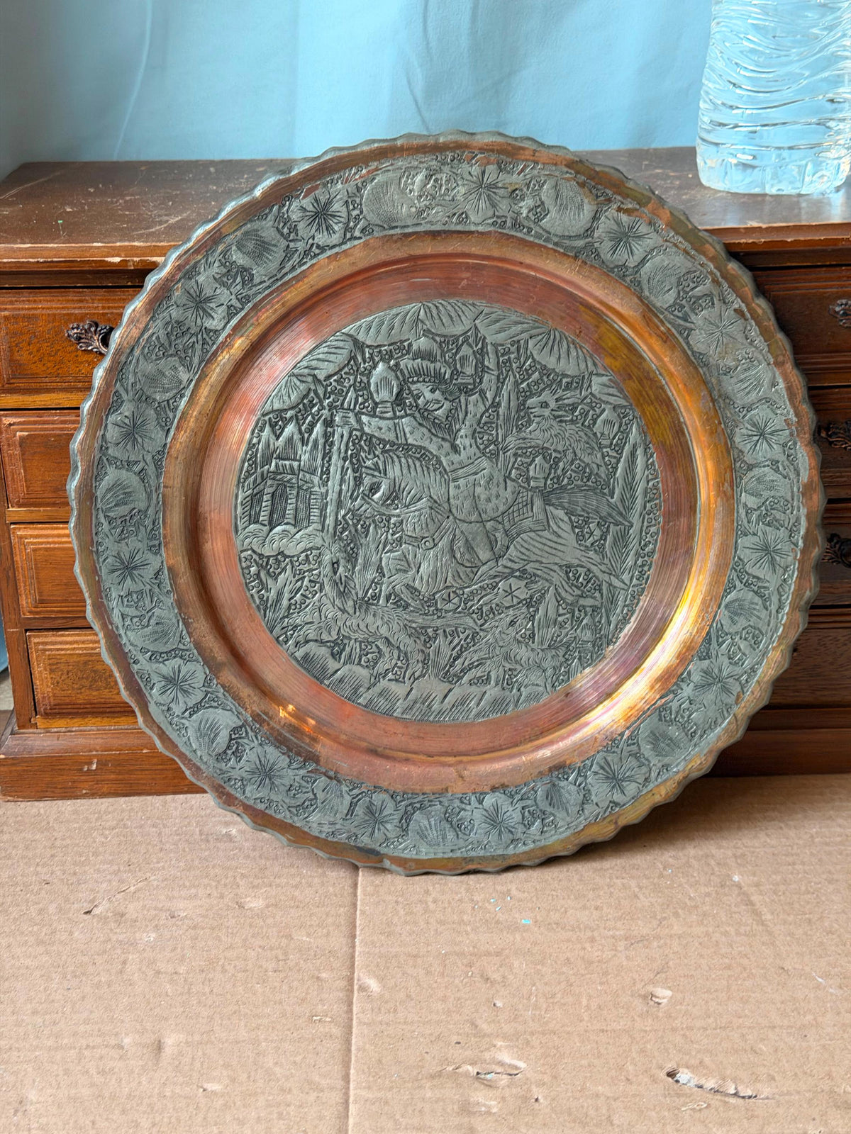 Vintage Middle Eastern Engraved Copper Plate - Horseman Hunter 11.7"