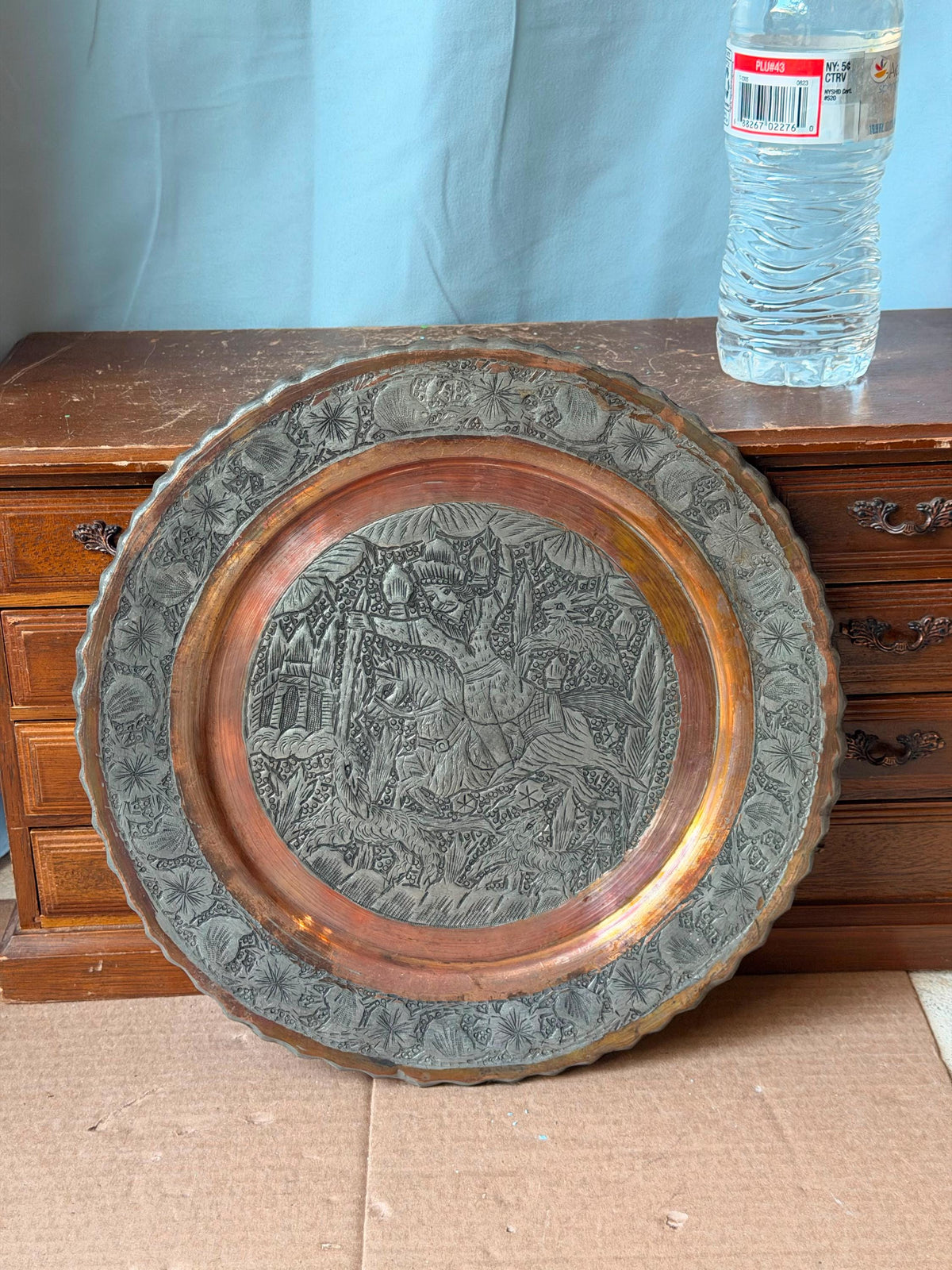 Vintage Middle Eastern Engraved Copper Plate - Horseman Hunter 11.7"