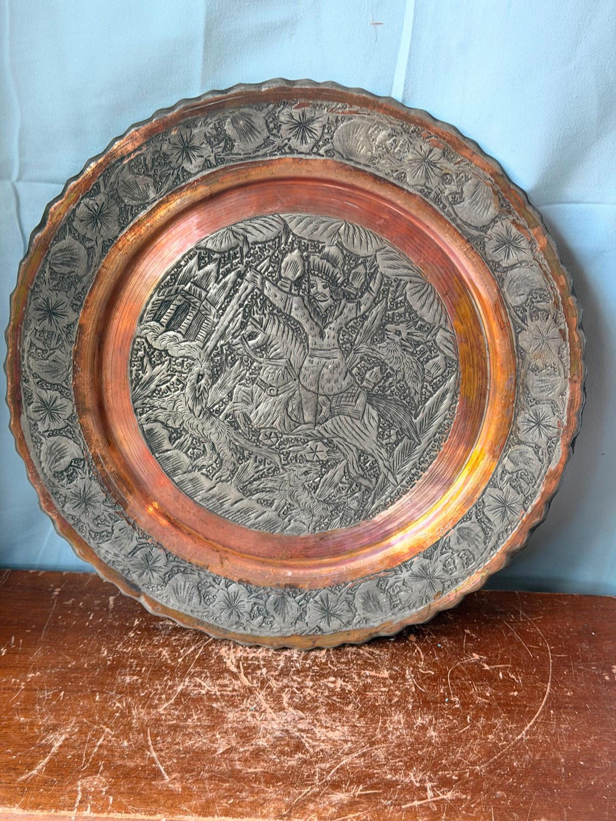 Vintage Middle Eastern Engraved Copper Plate - Horseman Hunter 11.7"