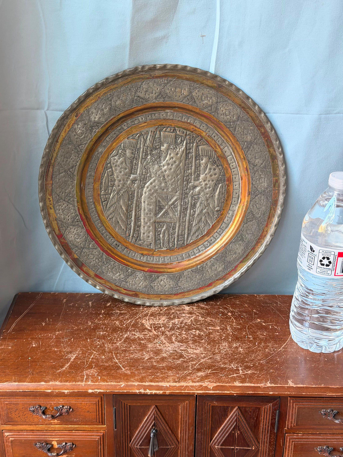 Vintage Middle Eastern Engraved Copper Charger - Enthroned King 11.4"