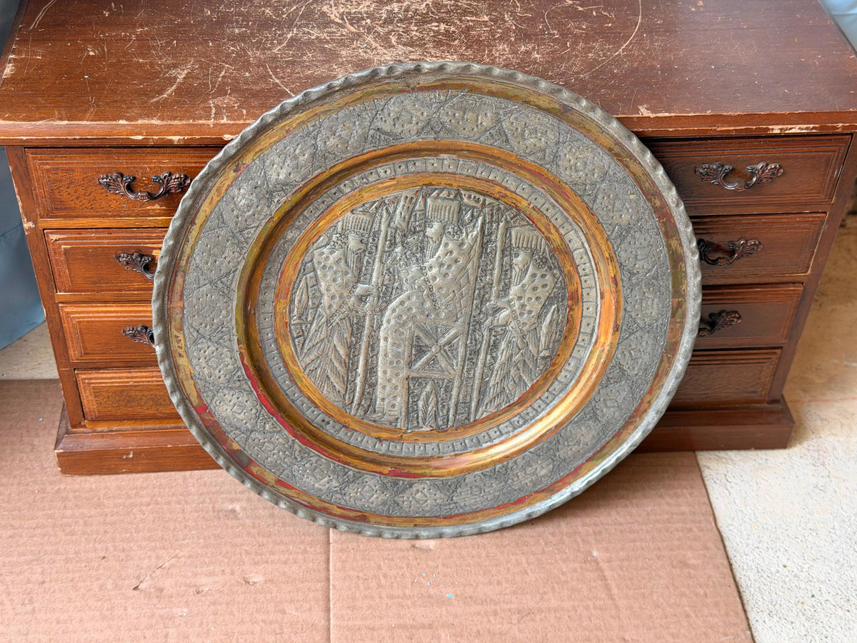 Vintage Middle Eastern Engraved Copper Charger - Enthroned King 11.4"