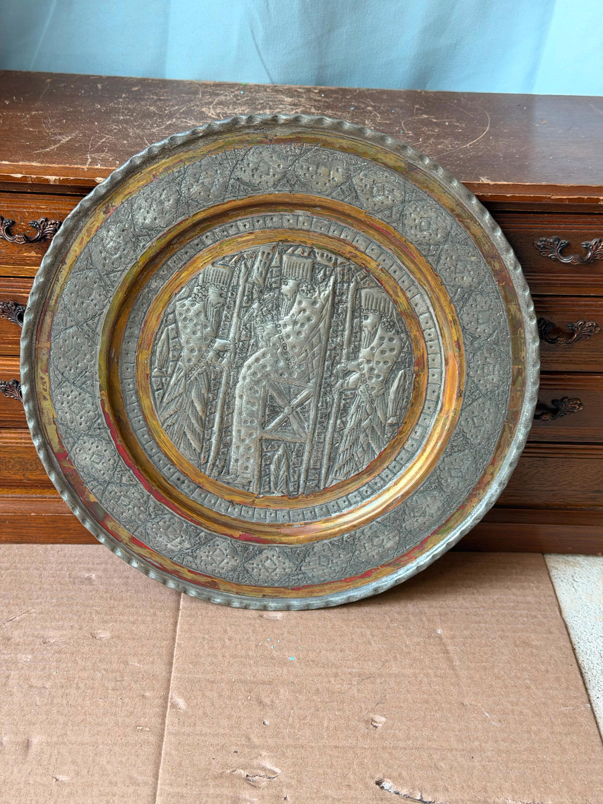 Vintage Middle Eastern Engraved Copper Charger - Enthroned King 11.4"