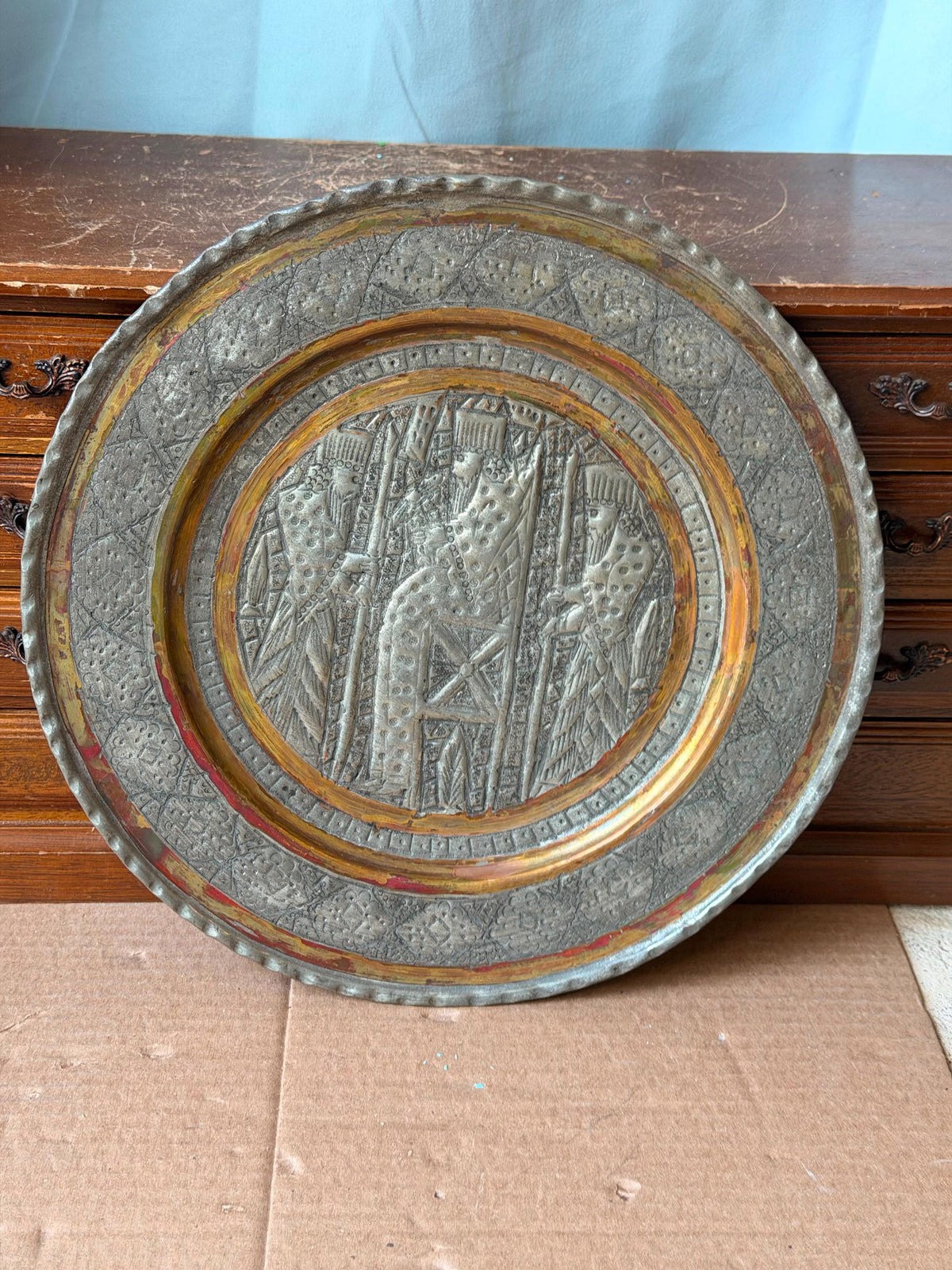 Vintage Middle Eastern Engraved Copper Charger - Enthroned King 11.4"