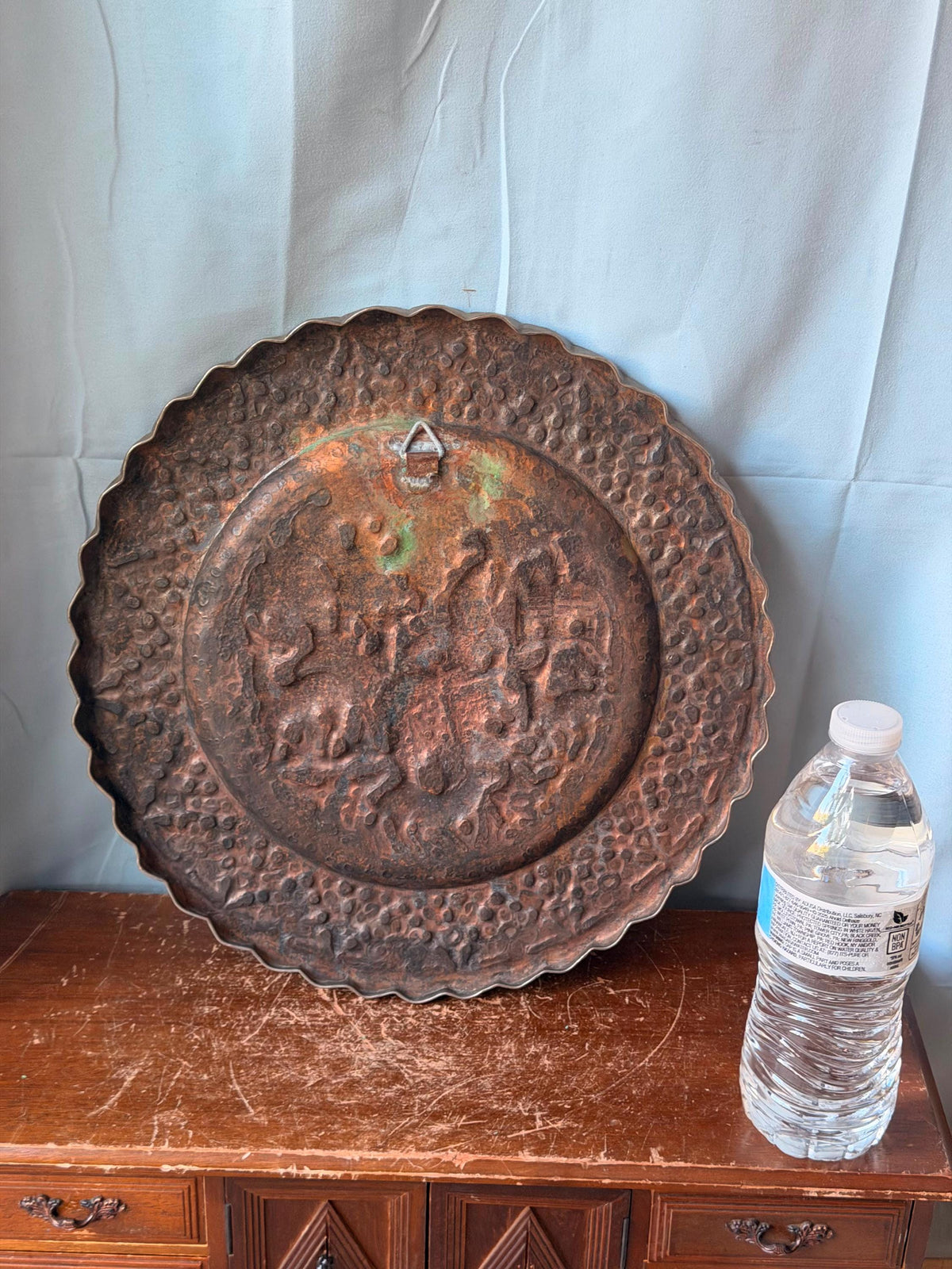 Vintage Middle Eastern Engraved Copper Charger - Musician Gazelles 13"