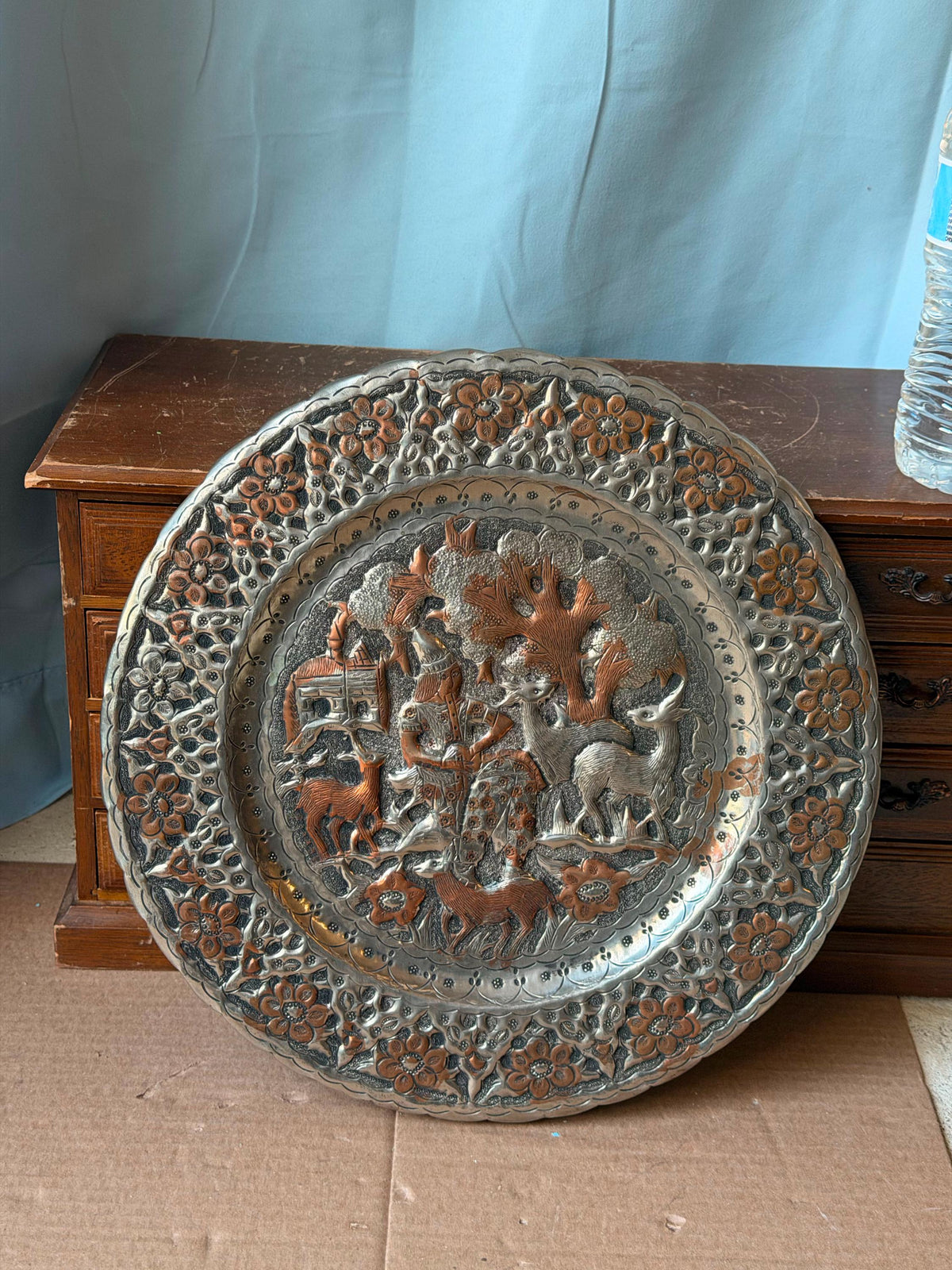 Vintage Middle Eastern Engraved Copper Charger - Musician Gazelles 13"