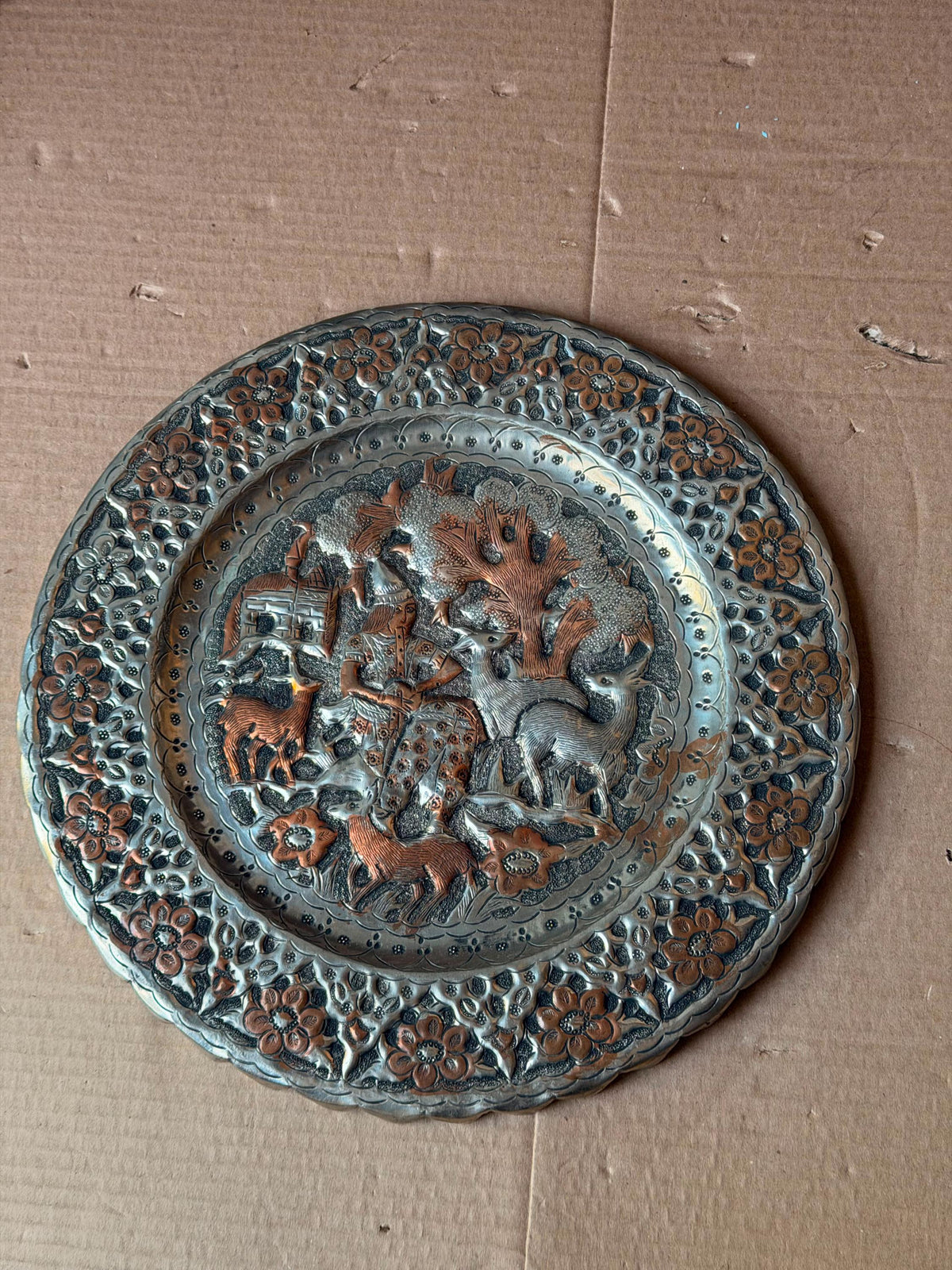 Vintage Middle Eastern Engraved Copper Charger - Musician Gazelles 13"