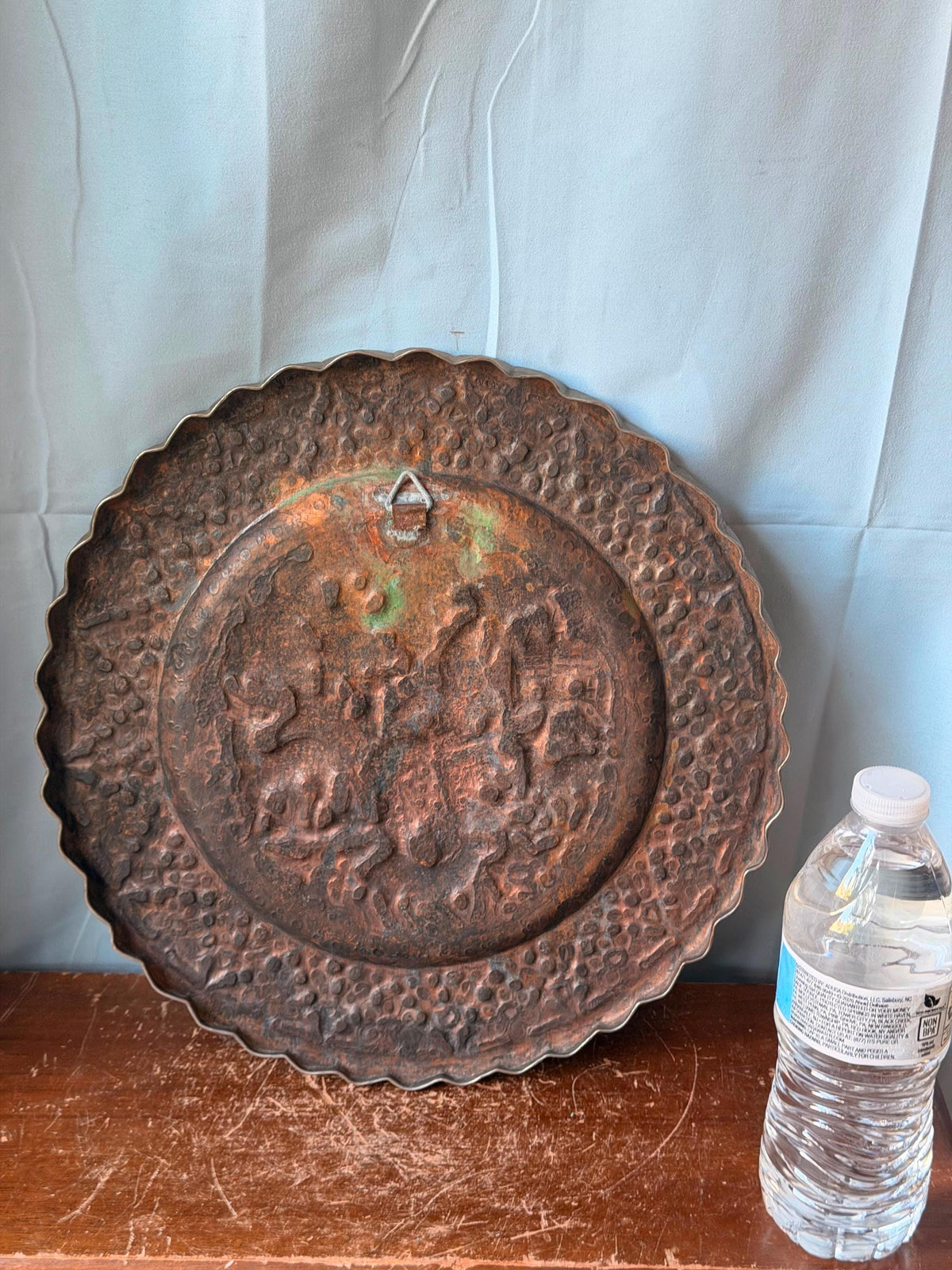 Vintage Middle Eastern Engraved Copper Charger - Musician Gazelles 13"