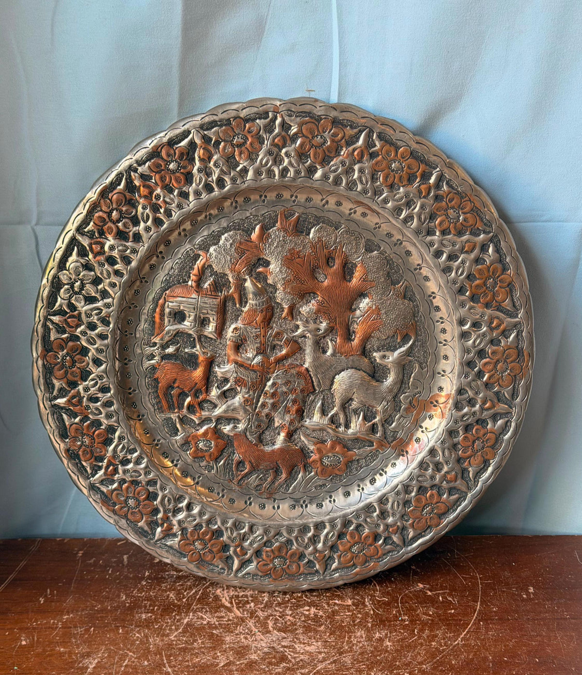 Vintage Middle Eastern Engraved Copper Charger - Musician Gazelles 13"