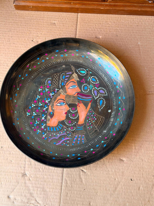 Vintage Middle Eastern Engraved Brass Deep Tray Bowl - Lovers 11.5"