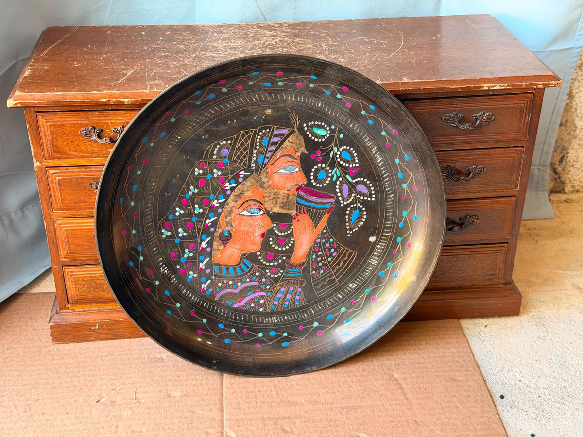 Vintage Middle Eastern Engraved Brass Deep Tray Bowl - Lovers 11.5"