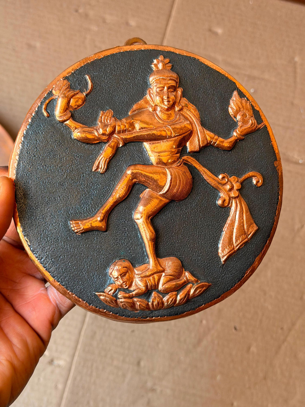 Vintage Asian Copper Brass Wall Charger Plaque Set 9.8" 6.3"