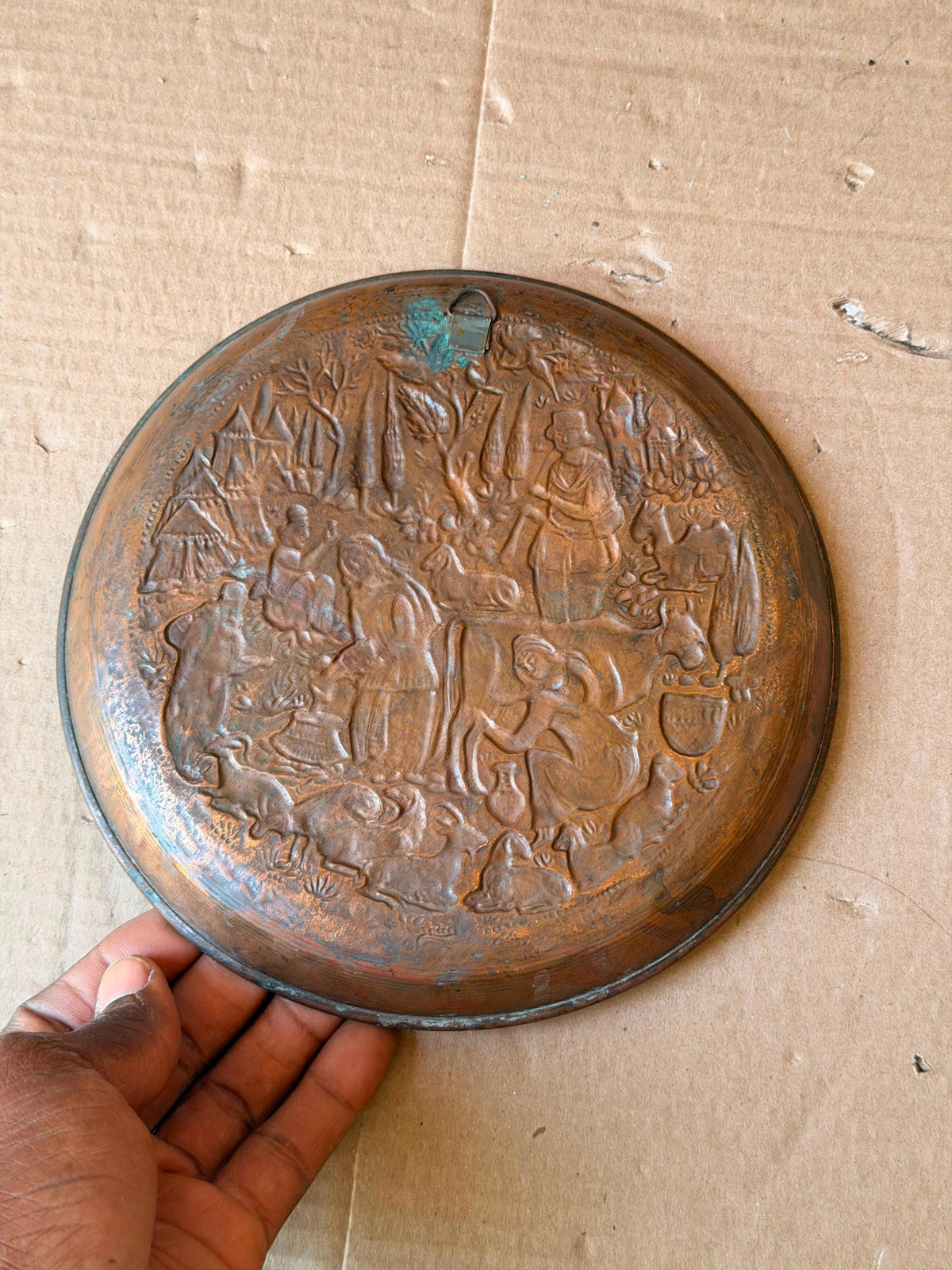 Vintage Middle Eastern Copper Wall Plate 8.5" Pastoral Folk Art