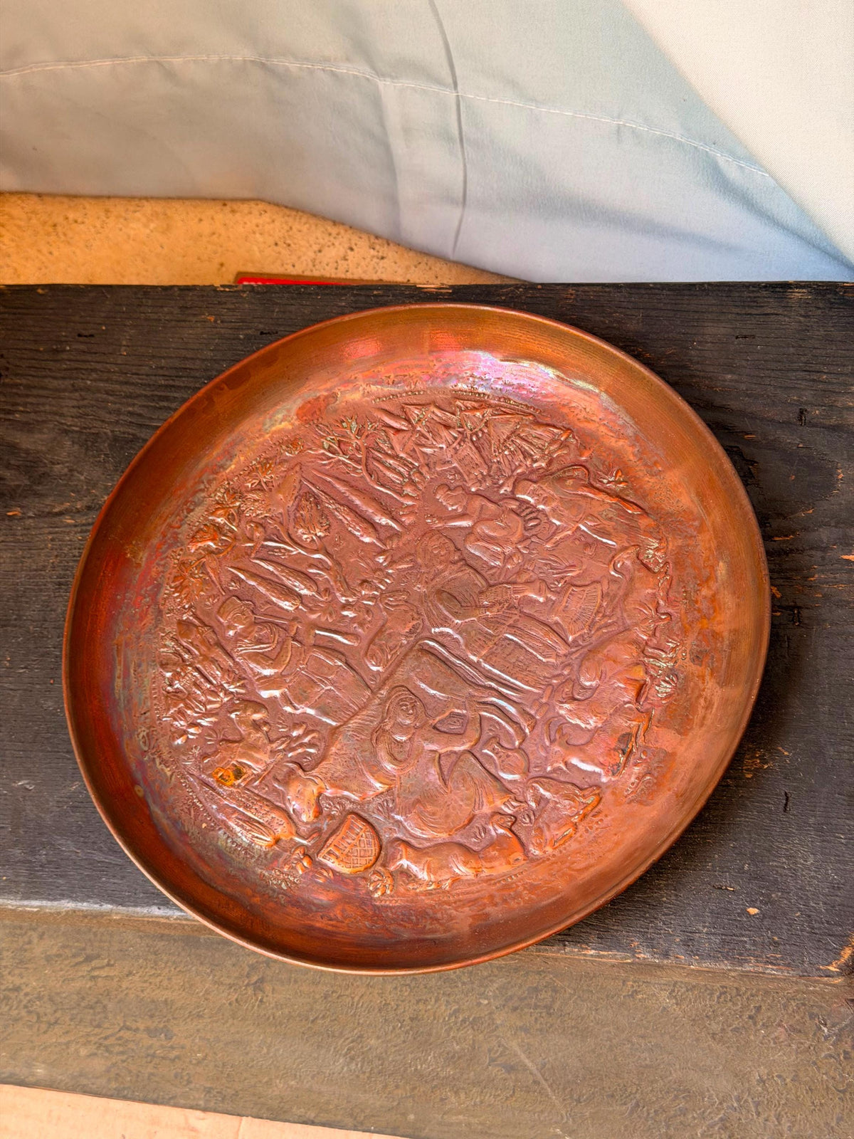 Vintage Middle Eastern Copper Wall Plate 8.5" Pastoral Folk Art