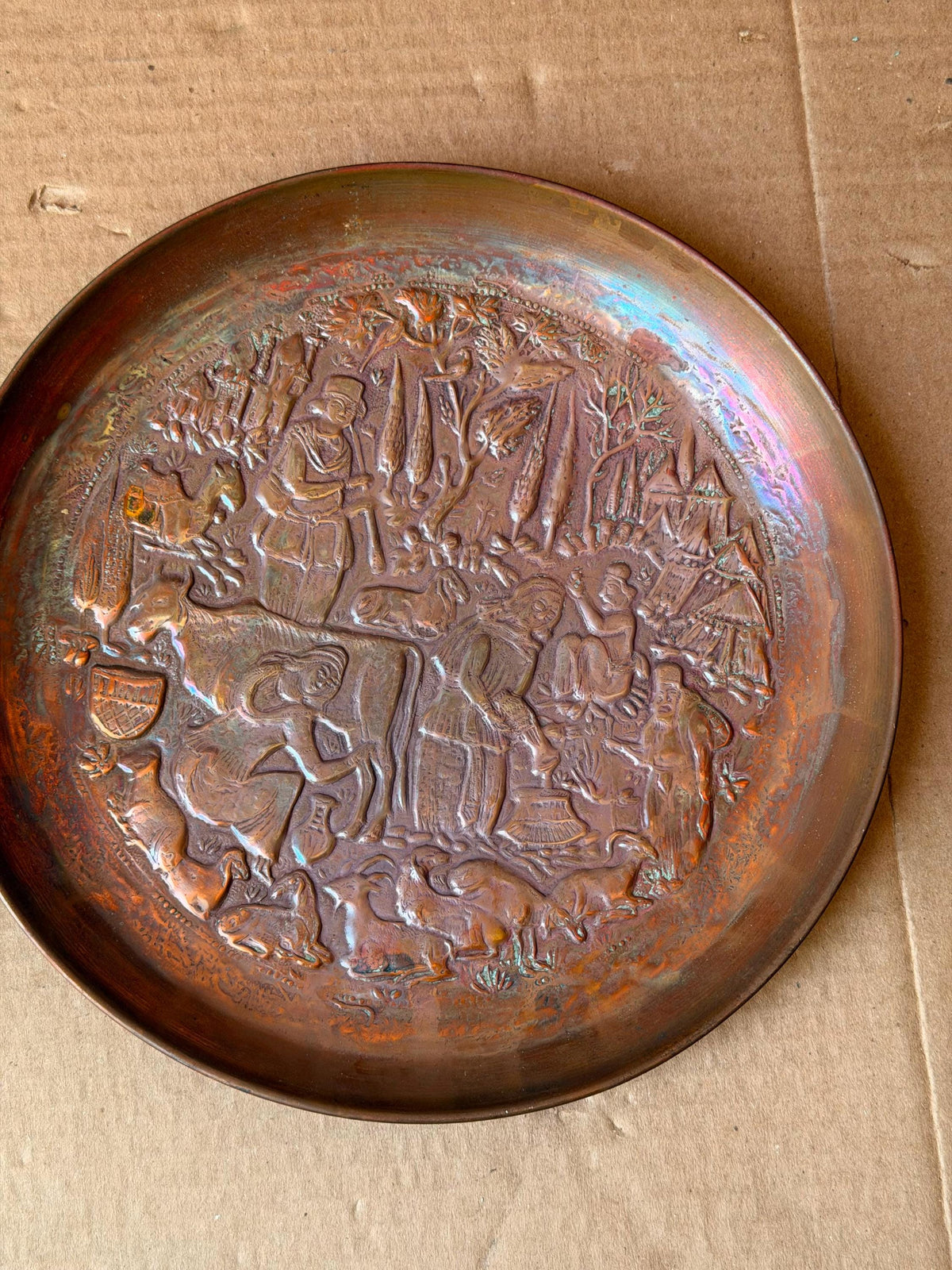 Vintage Middle Eastern Copper Wall Plate 8.5" Pastoral Folk Art