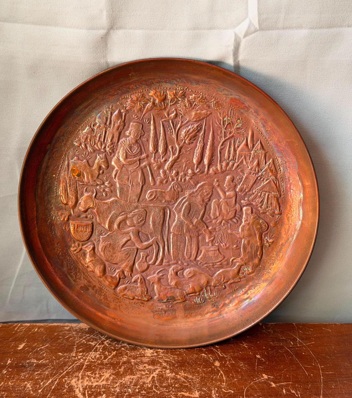 Vintage Middle Eastern Copper Wall Plate 8.5" Pastoral Folk Art