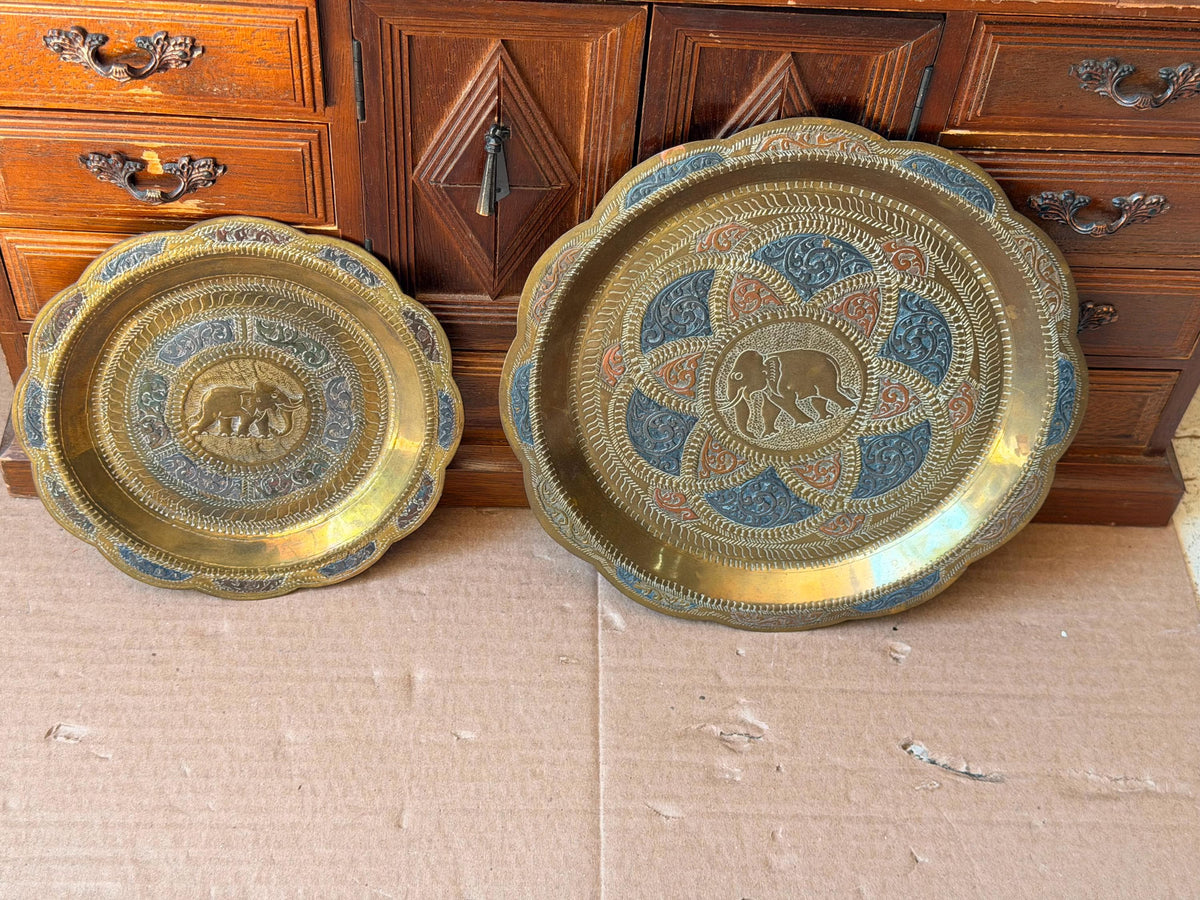 Vintage Indian Brass Elephant Wall Plate Set 2 Pc Chased Tray 8" & 6"