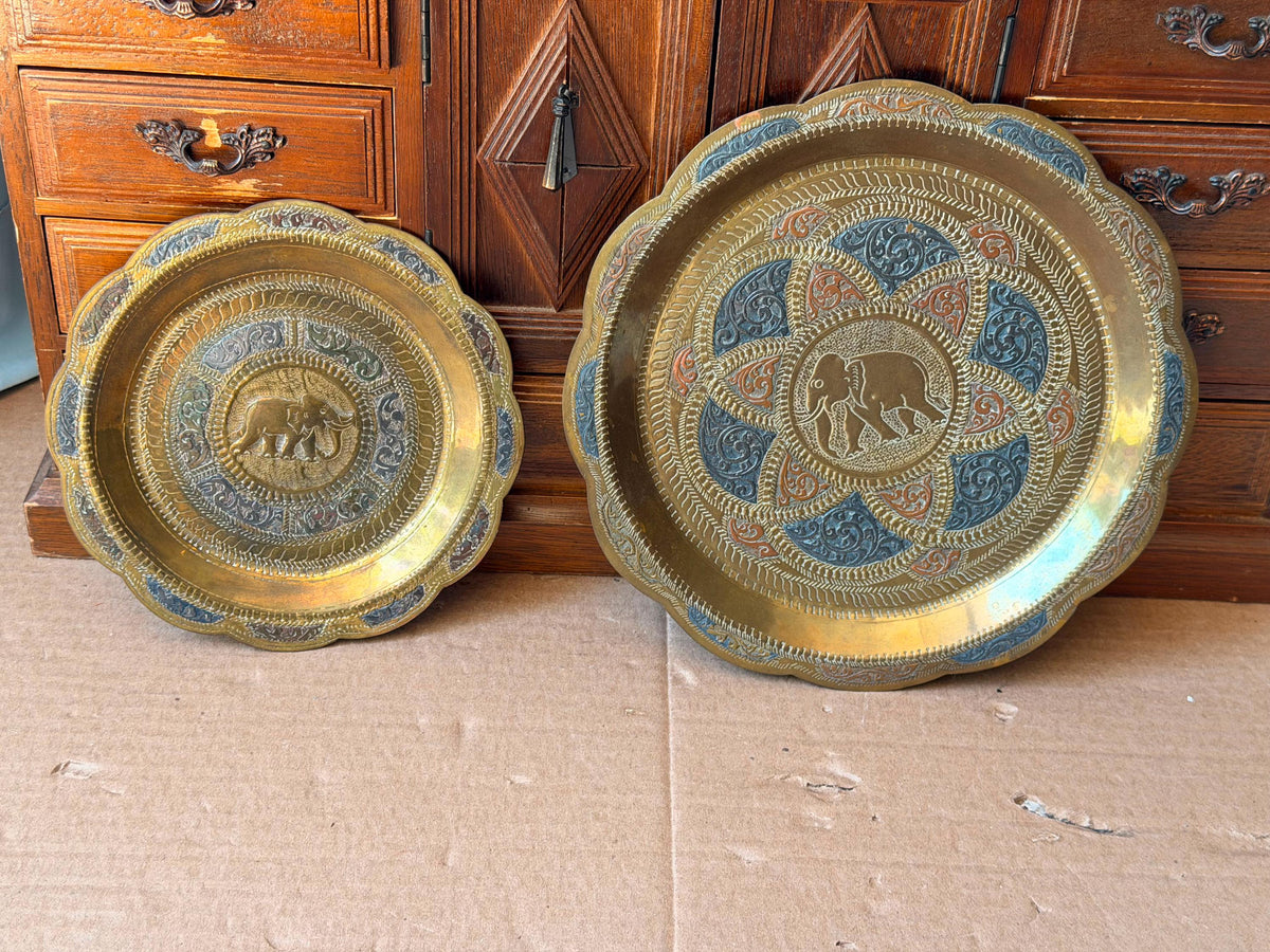 Vintage Indian Brass Elephant Wall Plate Set 2 Pc Chased Tray 8" & 6"