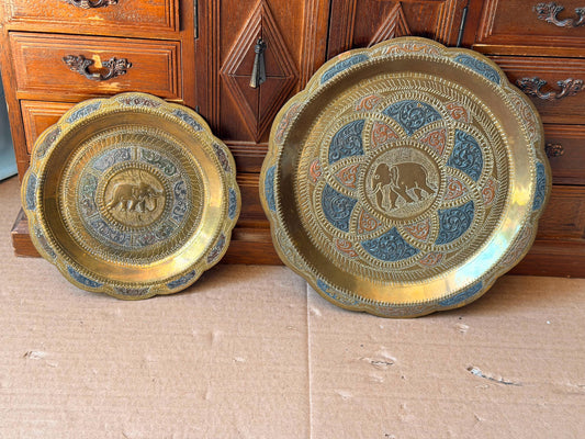 Vintage Indian Brass Elephant Wall Plate Set 2 Pc Chased Tray 8" & 6"